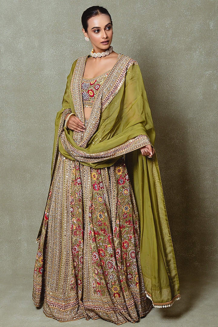 Olive Green Crepe Silk Digital Printed Wedding Lehenga Set by Vedant G at Pernia's Pop Up Shop