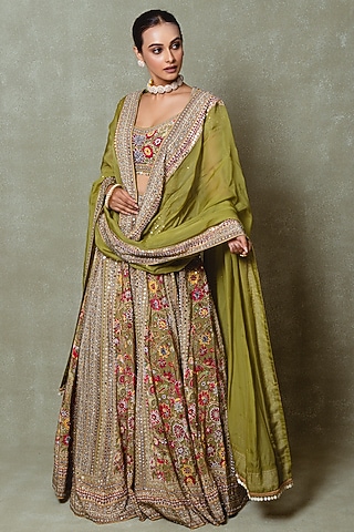 Olive Green Crepe Silk Digital Printed Lehenga Set by Vedant G