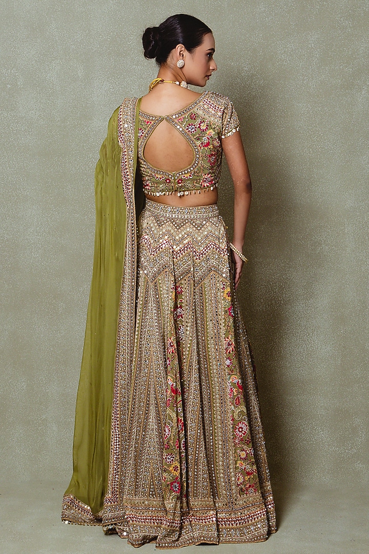 Olive Green Crepe Silk Digital Printed Wedding Lehenga Set by Vedant G at Pernia's Pop Up Shop