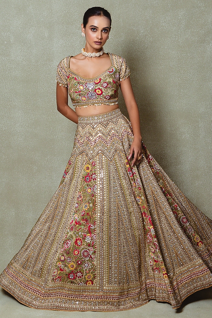 Olive Green Crepe Silk Digital Printed Wedding Lehenga Set by Vedant G at Pernia's Pop Up Shop
