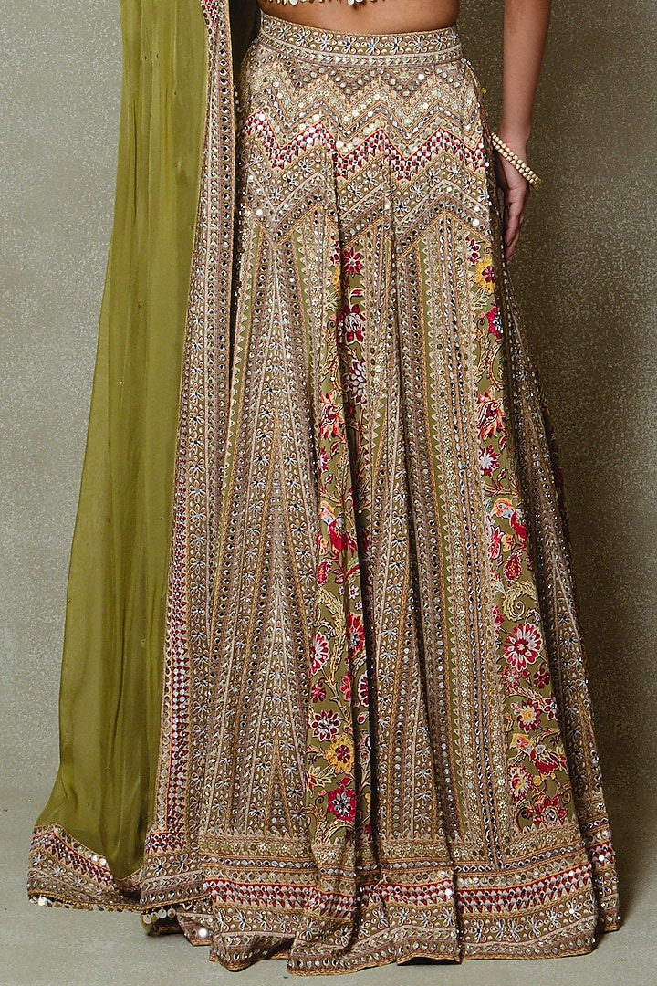 Olive Green Crepe Silk Digital Printed Wedding Lehenga Set by Vedant G at Pernia's Pop Up Shop