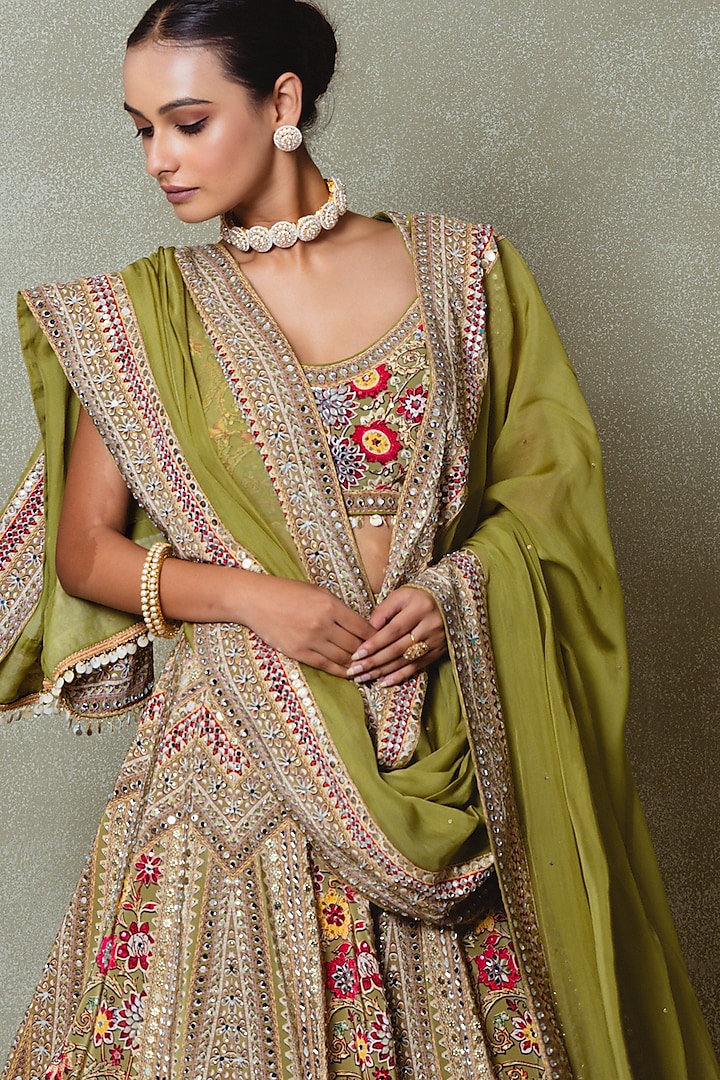 Olive Green Crepe Silk Digital Printed Wedding Lehenga Set by Vedant G at Pernia's Pop Up Shop