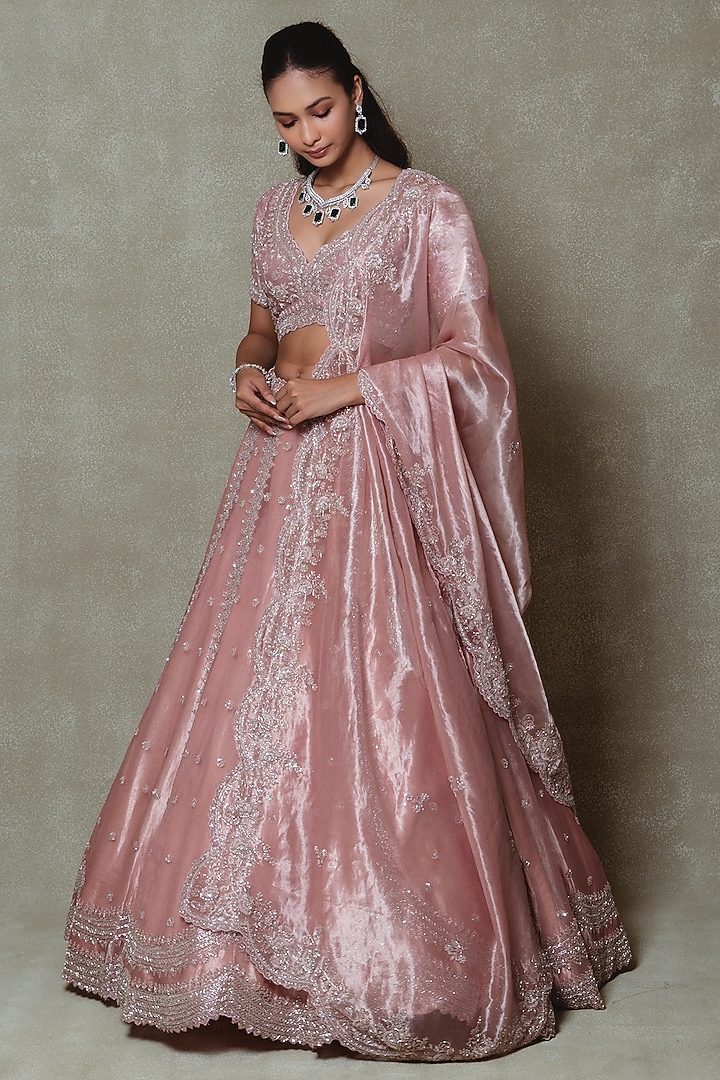 Pink Tissue Sequins Embroidered Wedding Lehenga Set by Vedant G at Pernia's Pop Up Shop