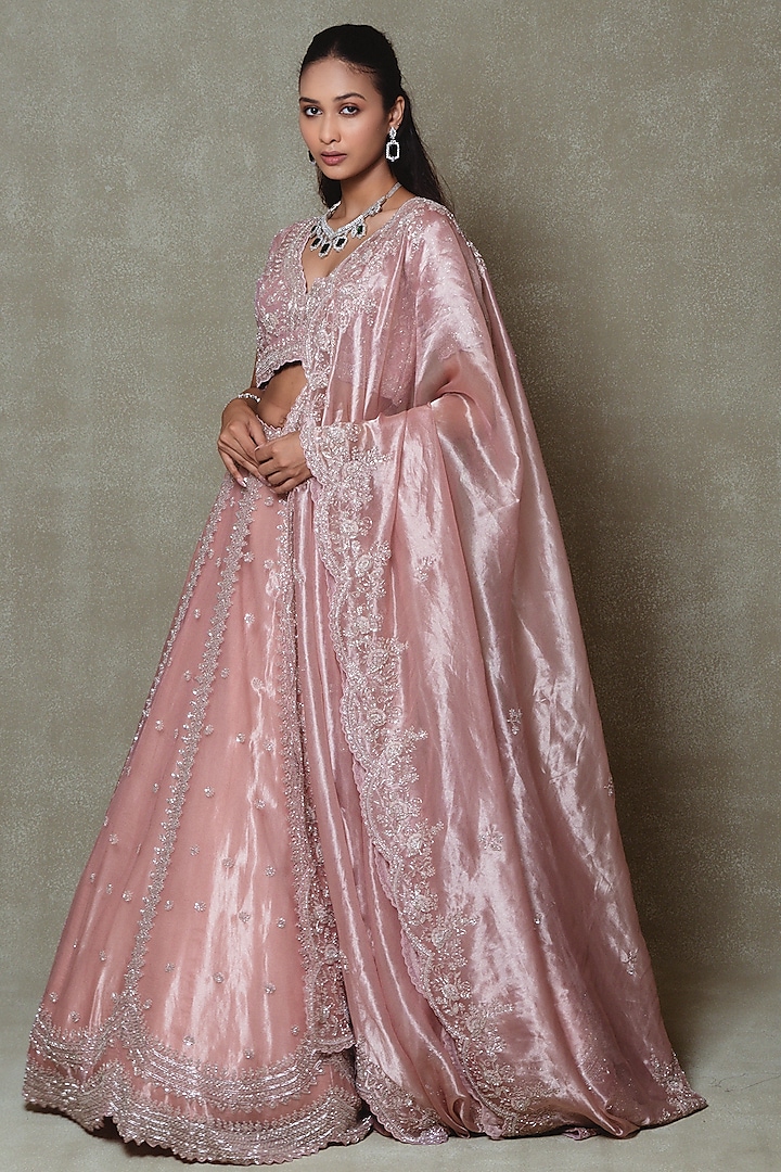 Pink Tissue Sequins Embroidered Wedding Lehenga Set by Vedant G at Pernia's Pop Up Shop