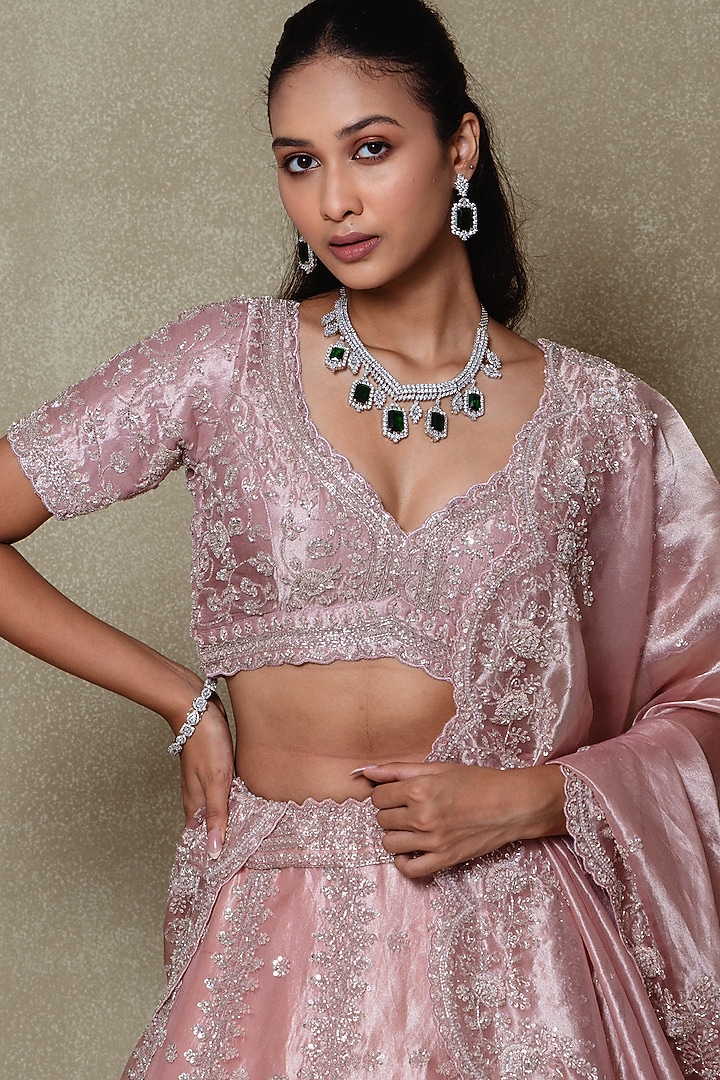 Pink Tissue Sequins Embroidered Wedding Lehenga Set by Vedant G at Pernia's Pop Up Shop