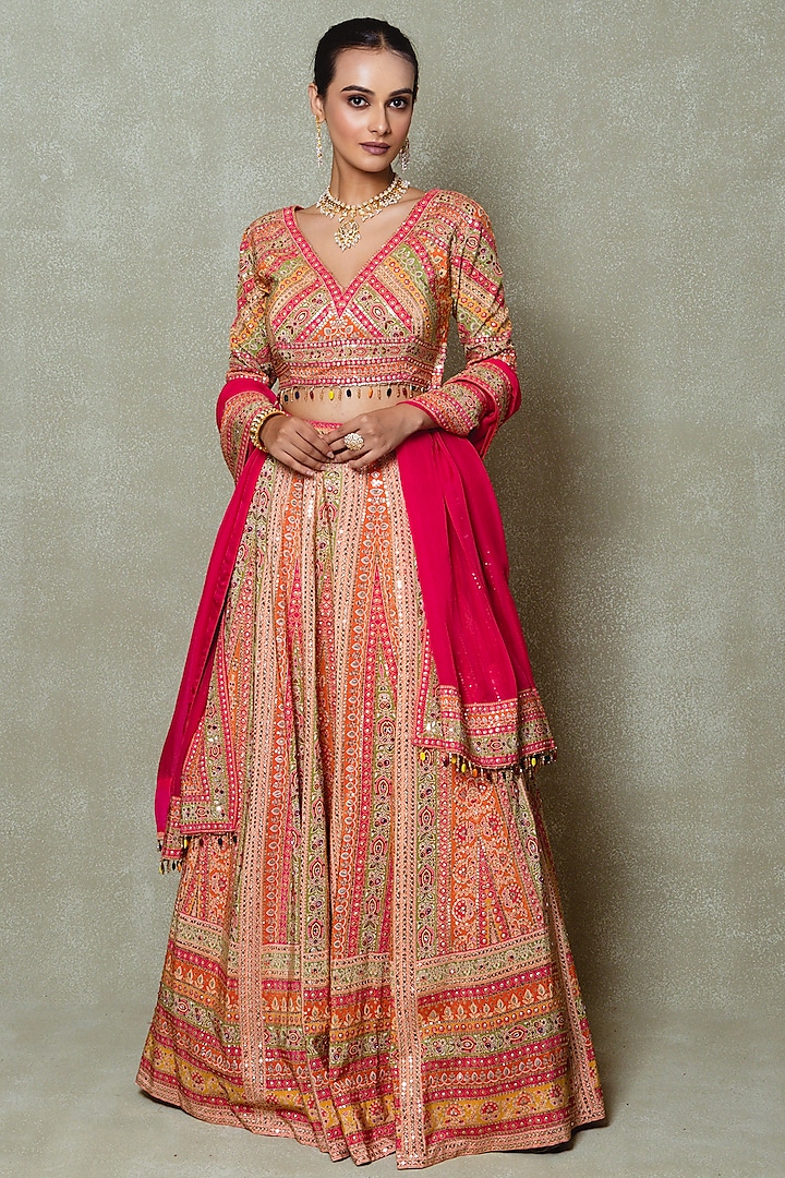 Pink Crepe Sequins Embellished Wedding Lehenga Set by Vedant G at Pernia's Pop Up Shop