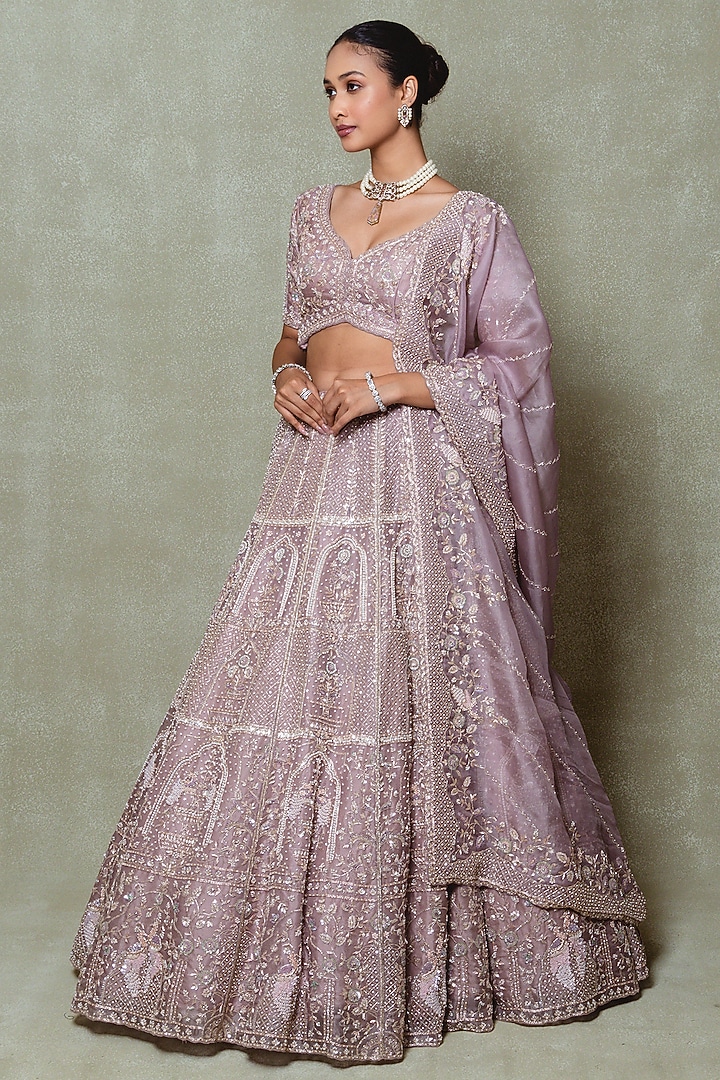 Lavender Organza Hand Embroidered Bridal Lehenga Set by Vedant G at Pernia's Pop Up Shop