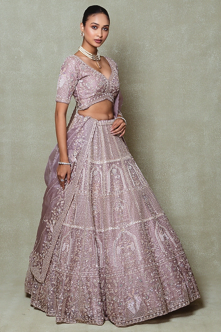 Lavender Organza Hand Embroidered Bridal Lehenga Set by Vedant G at Pernia's Pop Up Shop