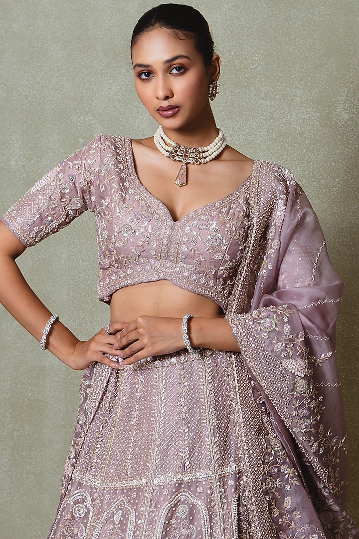 Lavender Organza Hand Embroidered Bridal Lehenga Set by Vedant G at Pernia's Pop Up Shop