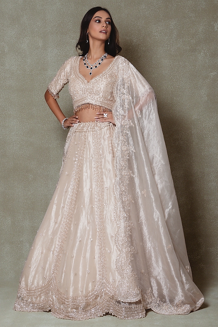 Champagne Tissue Sequins Embroidered Wedding Lehenga Set by Vedant G at Pernia's Pop Up Shop