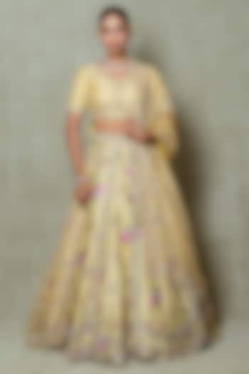 Pale Yellow Silk Sequins Embroidered & Printed Wedding Lehenga Set by Vedant G at Pernia's Pop Up Shop