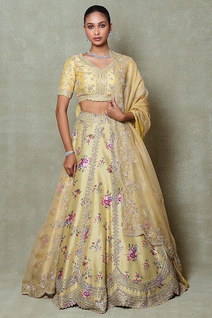 Pale Yellow Silk Sequins Embroidered & Printed Wedding Lehenga Set by Vedant G at Pernia's Pop Up Shop