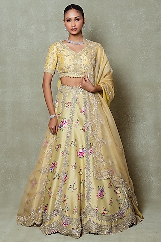 Pale Yellow Silk Sequins Embroidered & Printed Lehenga Set by Vedant G