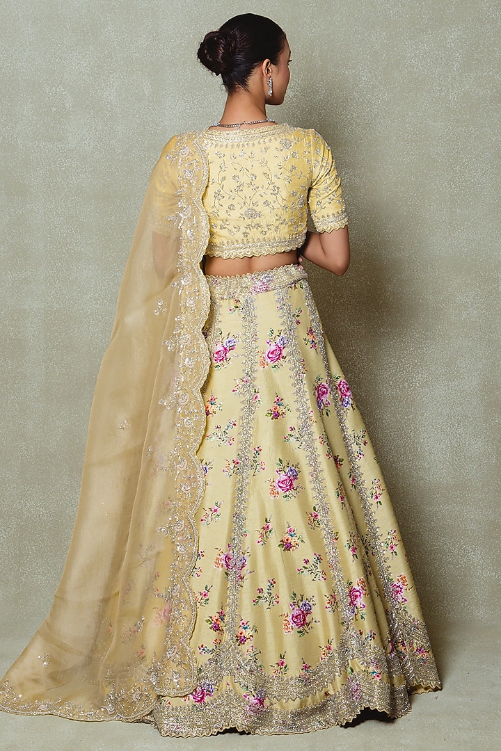 Pale Yellow Silk Sequins Embroidered & Printed Wedding Lehenga Set by Vedant G at Pernia's Pop Up Shop