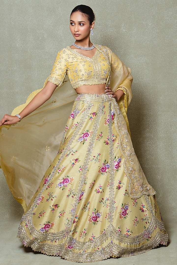 Pale Yellow Silk Sequins Embroidered & Printed Wedding Lehenga Set by Vedant G at Pernia's Pop Up Shop