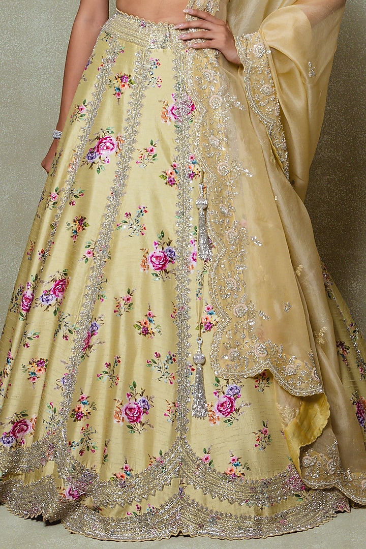 Pale Yellow Silk Sequins Embroidered & Printed Wedding Lehenga Set by Vedant G at Pernia's Pop Up Shop