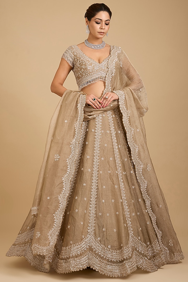 Brown Crushed Tissue Cutdana Embroidered Wedding Lehenga Set by Vedant G at Pernia's Pop Up Shop