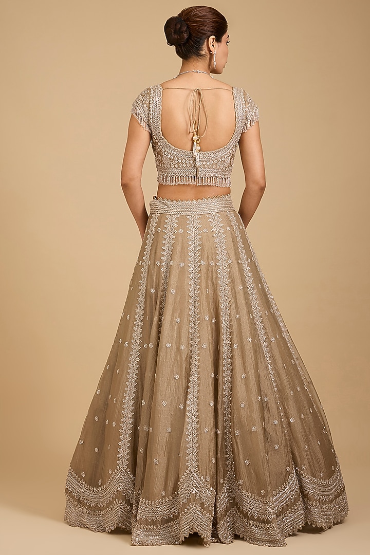 Brown Crushed Tissue Cutdana Embroidered Wedding Lehenga Set by Vedant G at Pernia's Pop Up Shop