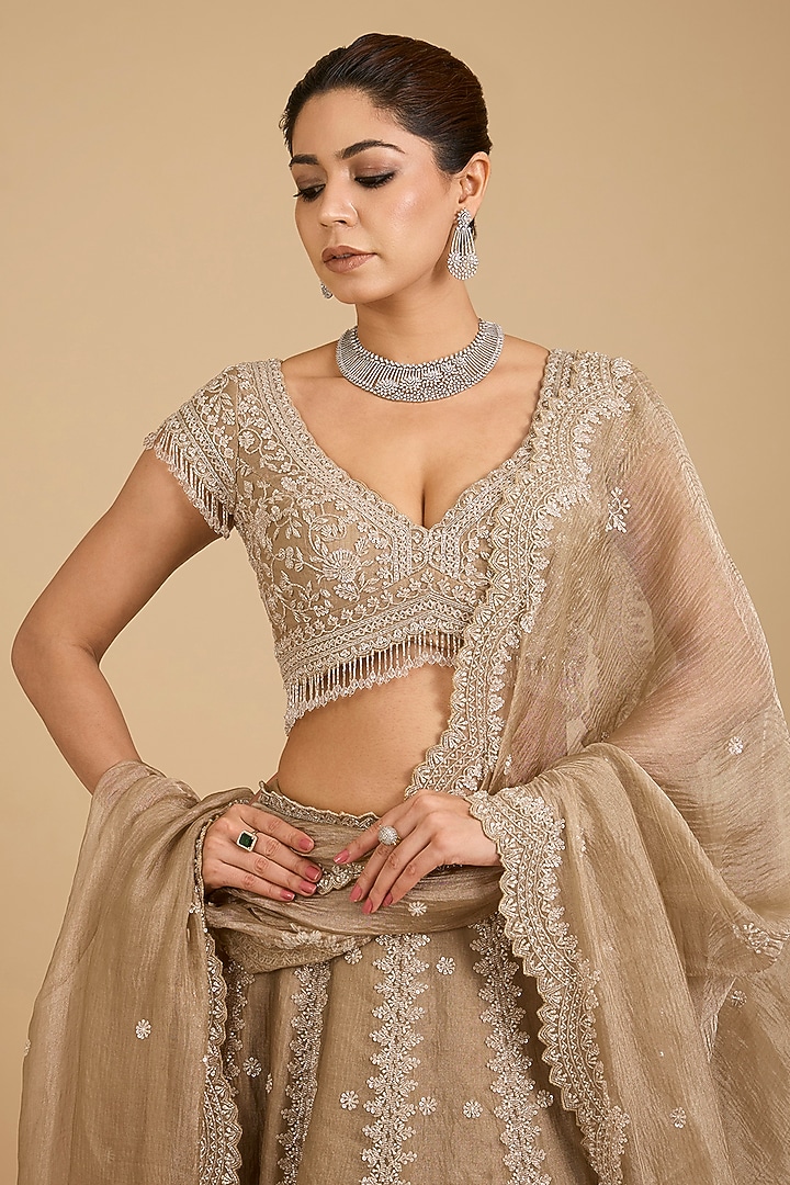 Brown Crushed Tissue Cutdana Embroidered Wedding Lehenga Set by Vedant G at Pernia's Pop Up Shop
