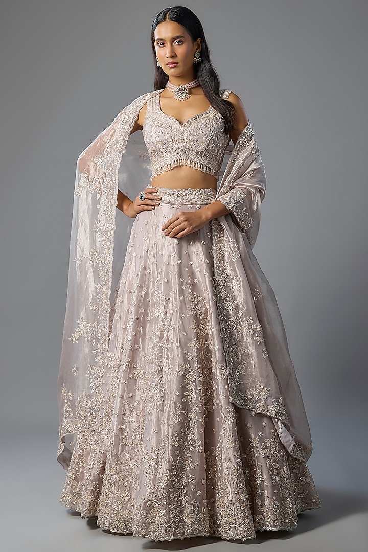 Lilac Tissue Pearl & Sequins Embroidered Bridal Lehenga Set by Vedant G at Pernia's Pop Up Shop