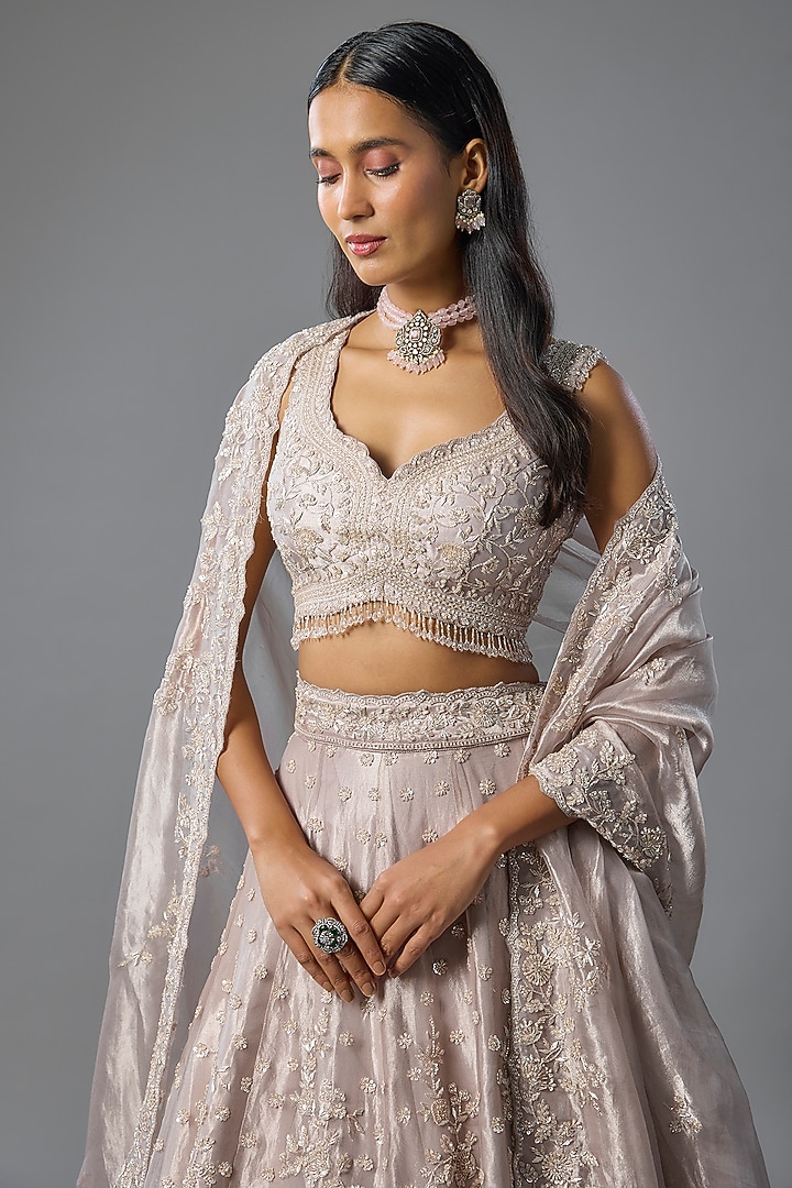 Lilac Tissue Pearl & Sequins Embroidered Bridal Lehenga Set by Vedant G at Pernia's Pop Up Shop