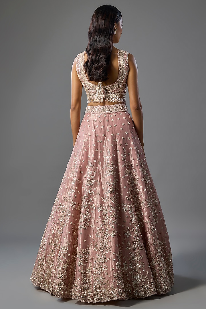 Rose Pink Tissue Pearl & Sequins Embroidered Bridal Lehenga Set by Vedant G at Pernia's Pop Up Shop