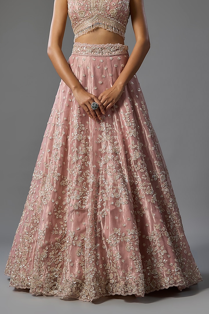 Rose Pink Tissue Pearl & Sequins Embroidered Bridal Lehenga Set by Vedant G at Pernia's Pop Up Shop