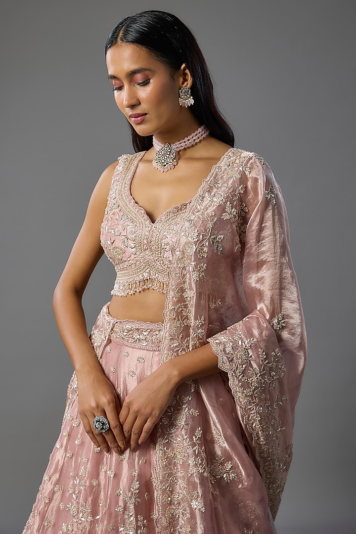Rose Pink Tissue Pearl & Sequins Embroidered Bridal Lehenga Set by Vedant G at Pernia's Pop Up Shop