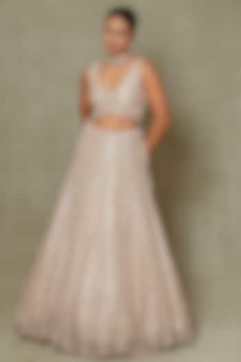 Champagne Tissue Cutdana & Pearl Embroidered Bridal Lehenga Set by Vedant G at Pernia's Pop Up Shop