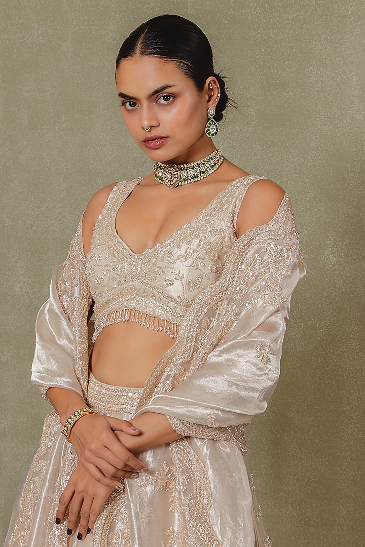Champagne Tissue Cutdana & Pearl Embroidered Bridal Lehenga Set by Vedant G at Pernia's Pop Up Shop