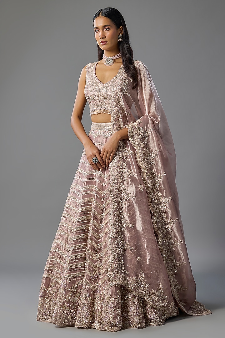 Lavender Tissue Pearl & Sequins Embroidered Bridal Lehenga Set by Vedant G at Pernia's Pop Up Shop