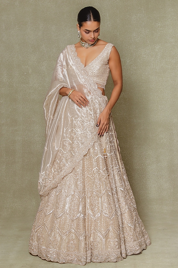Champagne Tissue Cutdana & Pearl Embroidered Bridal Lehenga Set by Vedant G at Pernia's Pop Up Shop