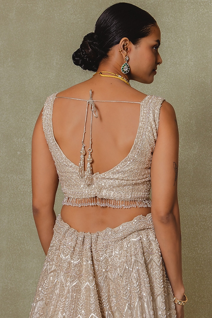Champagne Tissue Cutdana & Pearl Embroidered Bridal Lehenga Set by Vedant G at Pernia's Pop Up Shop