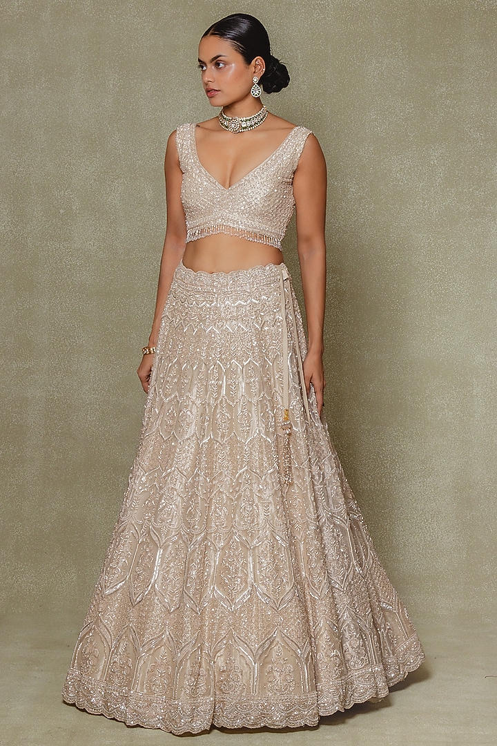 Champagne Tissue Cutdana & Pearl Embroidered Bridal Lehenga Set by Vedant G at Pernia's Pop Up Shop