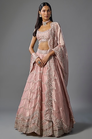 Rose Pink Tissue Pearl & Sequins Embroidered Lehenga Set by Vedant G