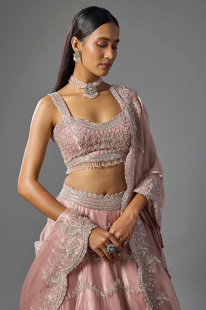 Rose Pink Tissue Pearl & Sequins Embroidered Bridal Lehenga Set by Vedant G at Pernia's Pop Up Shop