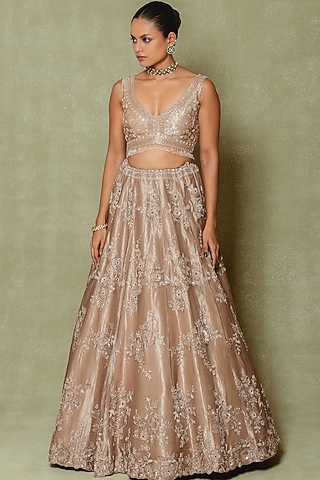 Brown Tissue Cutdana & Sequin Embroidered Lehenga Set by Vedant G