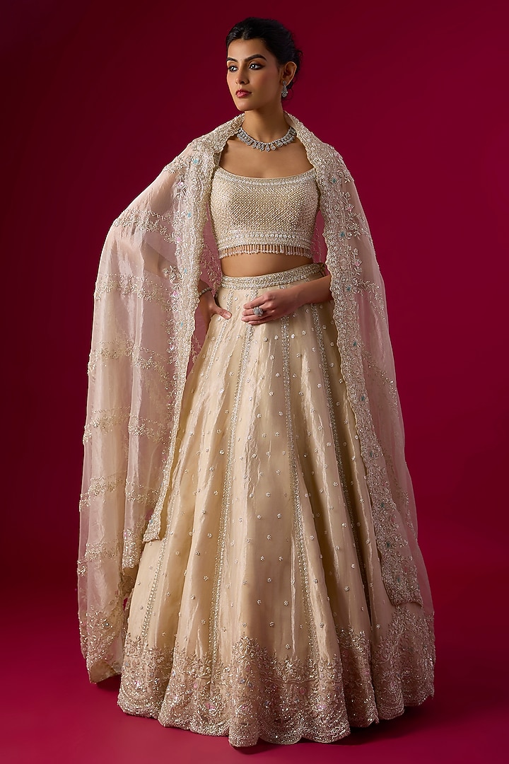 Champagne Tissue Cutdana Embroidered Bridal Lehenga Set by Vedant G at Pernia's Pop Up Shop
