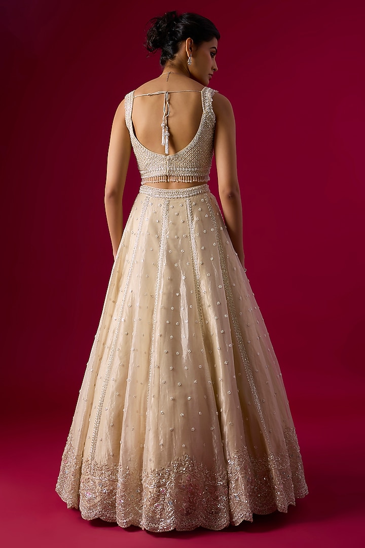 Champagne Tissue Cutdana Embroidered Bridal Lehenga Set by Vedant G at Pernia's Pop Up Shop