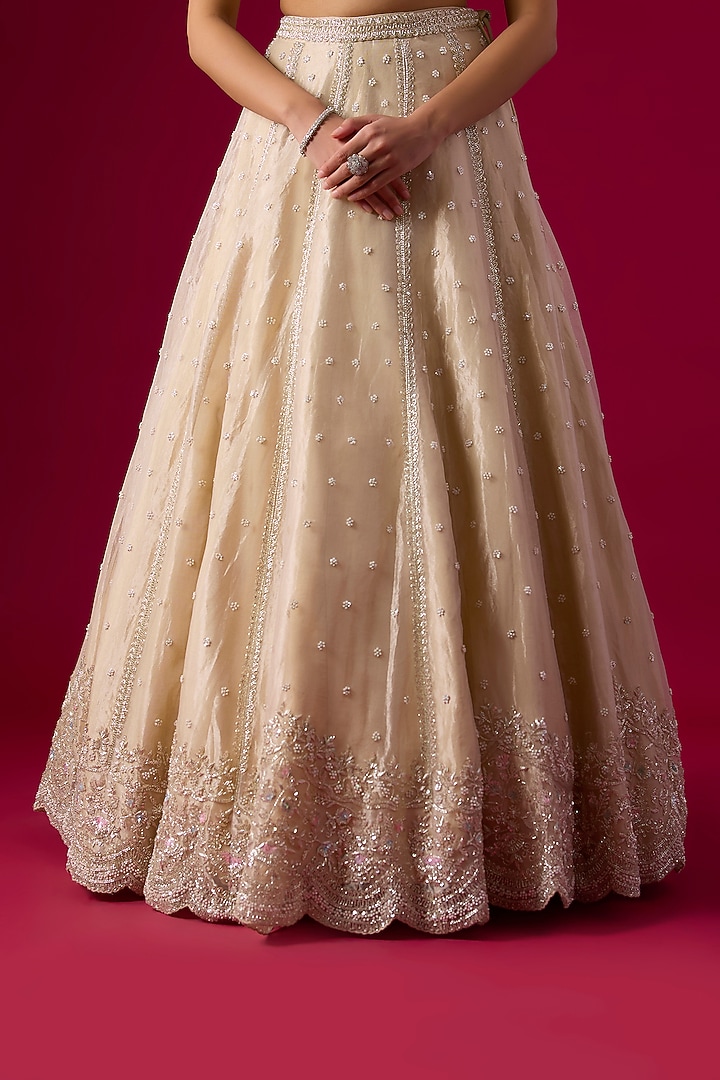 Champagne Tissue Cutdana Embroidered Bridal Lehenga Set by Vedant G at Pernia's Pop Up Shop