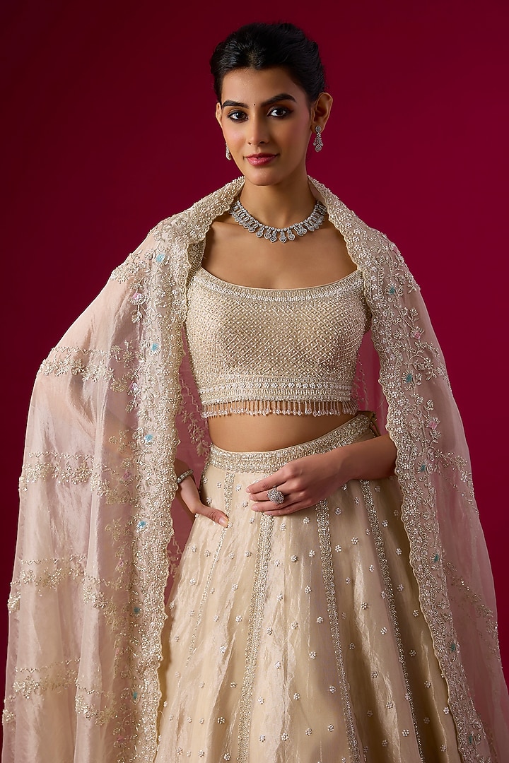 Champagne Tissue Cutdana Embroidered Bridal Lehenga Set by Vedant G at Pernia's Pop Up Shop