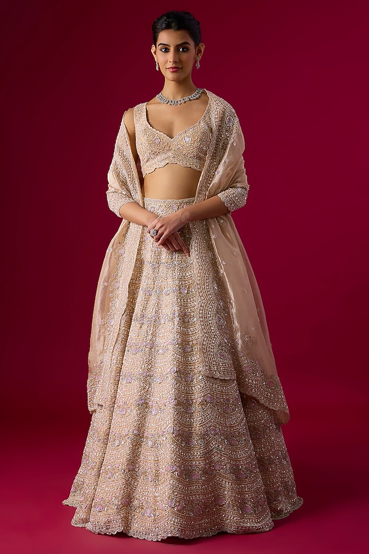 Peach Tissue Cutdana Embroidered Bridal Lehenga Set by Vedant G at Pernia's Pop Up Shop