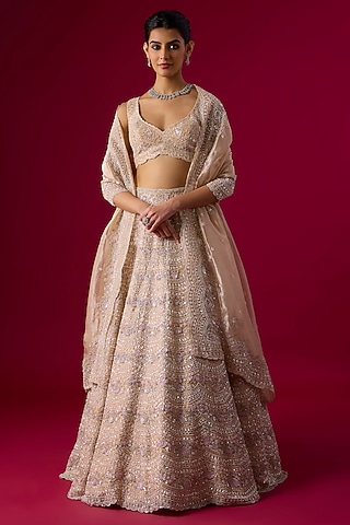 Peach Tissue Cutdana Embroidered Lehenga Set by Vedant G