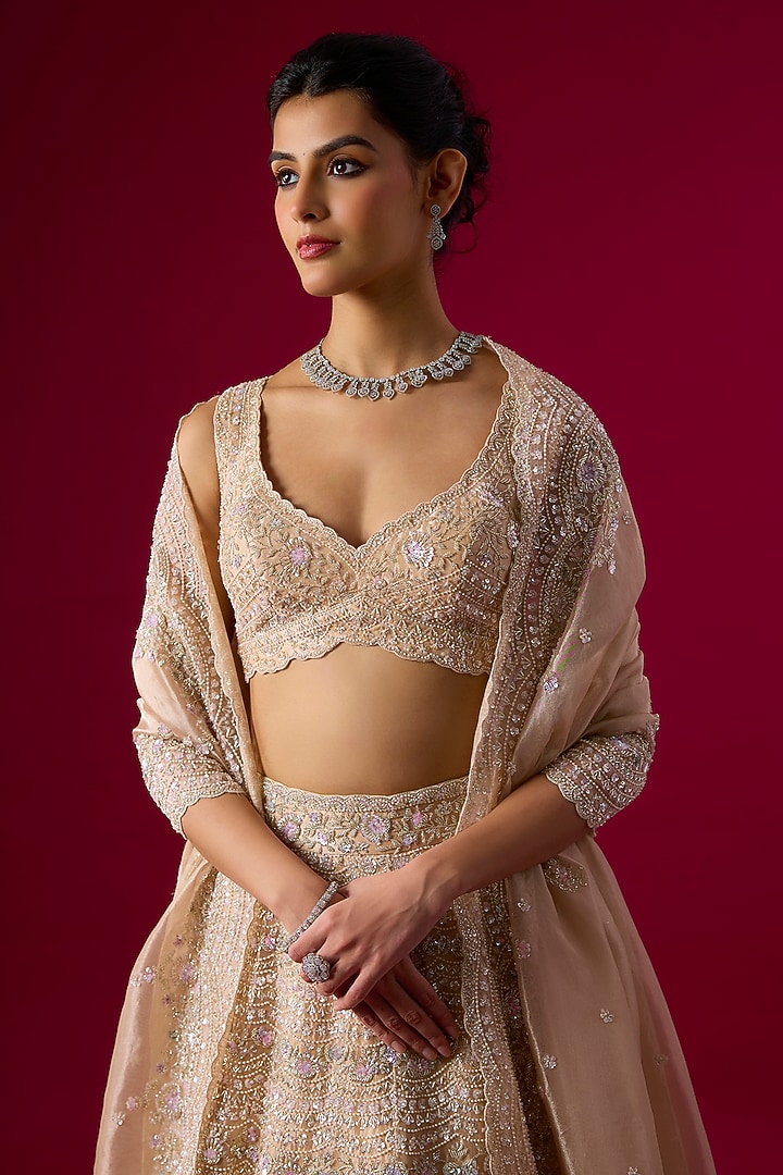 Peach Tissue Cutdana Embroidered Bridal Lehenga Set by Vedant G at Pernia's Pop Up Shop