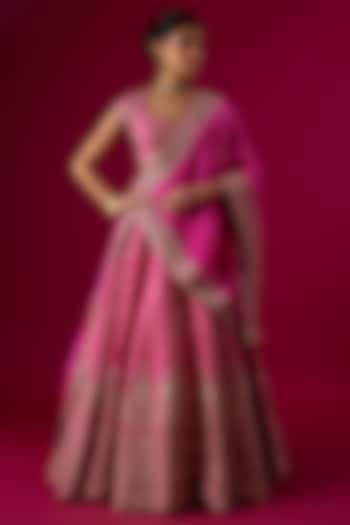 Pink Silk Zardosi Embroidered Bridal Lehenga Set by Vedant G at Pernia's Pop Up Shop