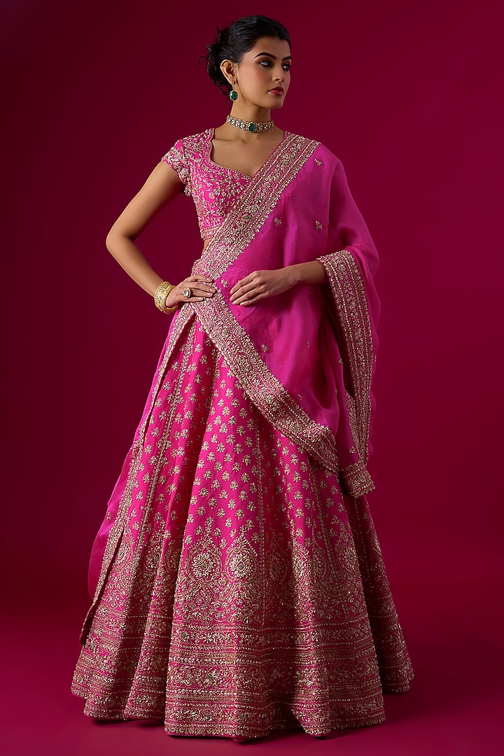 Pink Silk Zardosi Embroidered Bridal Lehenga Set by Vedant G at Pernia's Pop Up Shop