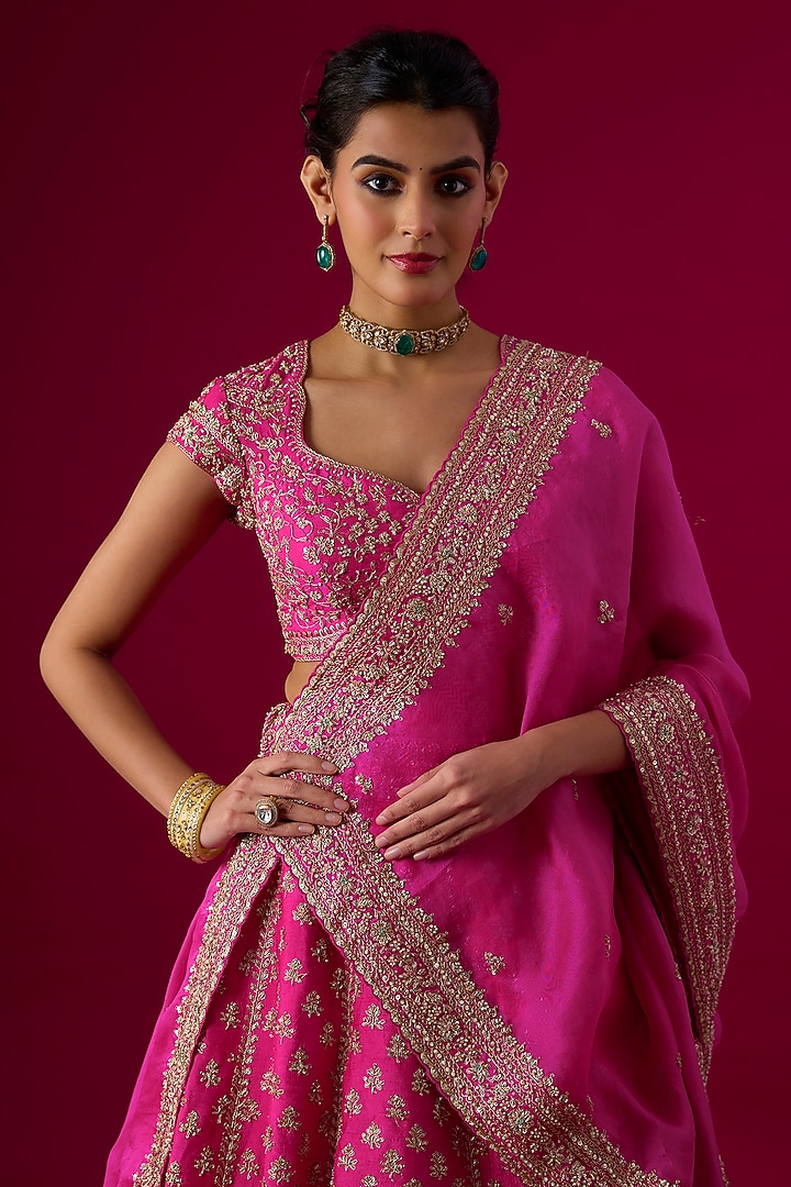 Pink Silk Zardosi Embroidered Bridal Lehenga Set by Vedant G at Pernia's Pop Up Shop