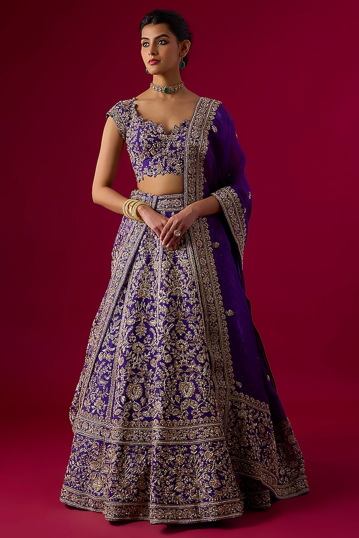 Purple Silk Zardosi Embroidered Bridal Lehenga Set by Vedant G at Pernia's Pop Up Shop