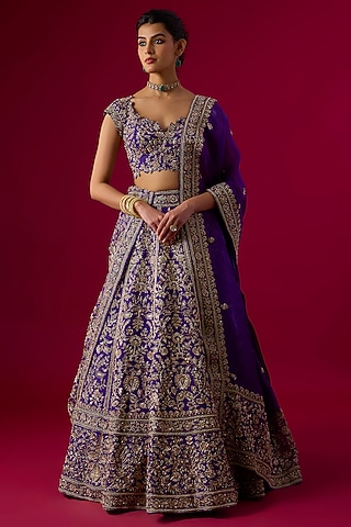Purple Silk Zardosi Embroidered Lehenga Set by Vedant G
