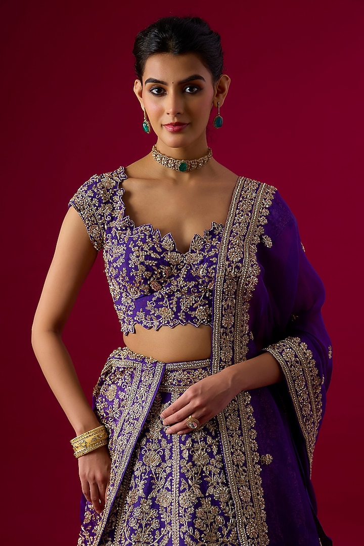 Purple Silk Zardosi Embroidered Bridal Lehenga Set by Vedant G at Pernia's Pop Up Shop